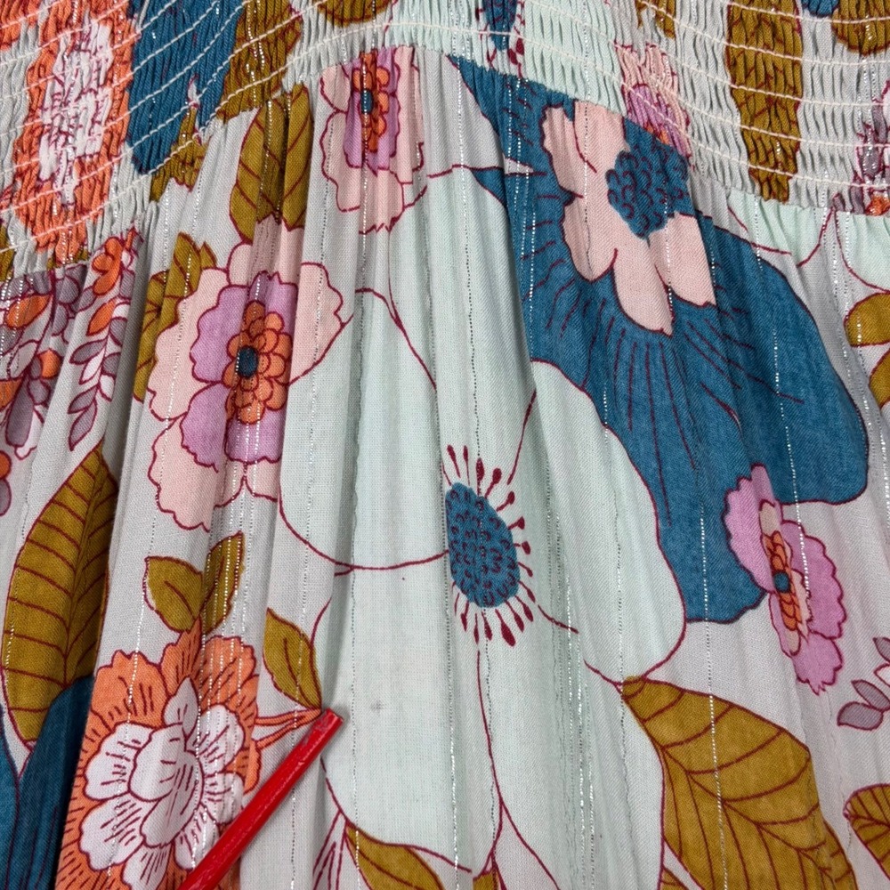 Floral Smocked Tiered Maxi Dress Blue Pink Orange Size M Cottage Core Fairy - Picture 7 of 10